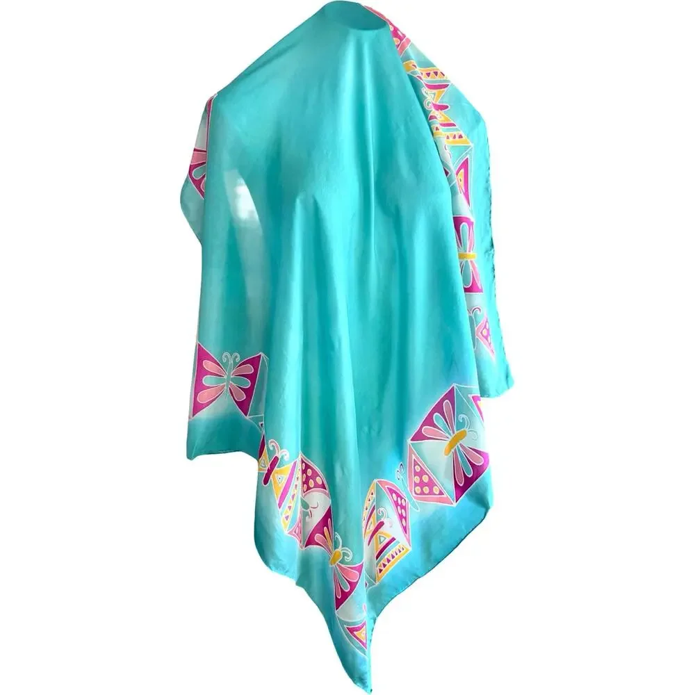 Vintage 1970s Hand Painted Sylyn Silk Scarf Turquoise Butterfly 35” Rolled Edges